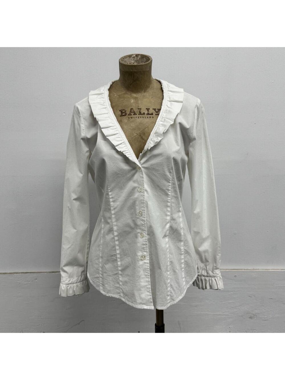 tyler böe Crisp White Stretch Cotton Pleated Stand Ruffle Collar Cuff Blouse